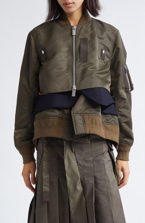 Sacai Cropped Bomber Jacket With Zip And Pockets In Green