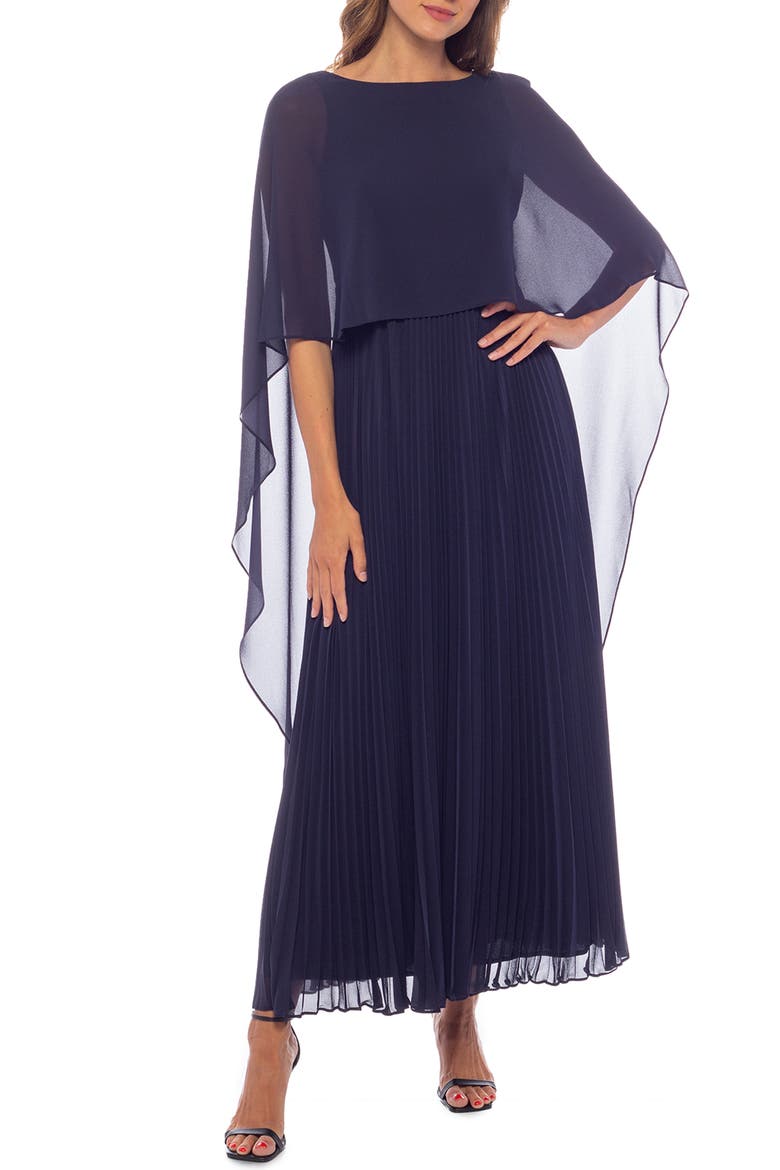 Capelet Overlay Pleated Chiffon Dress, Main, color, NAVY