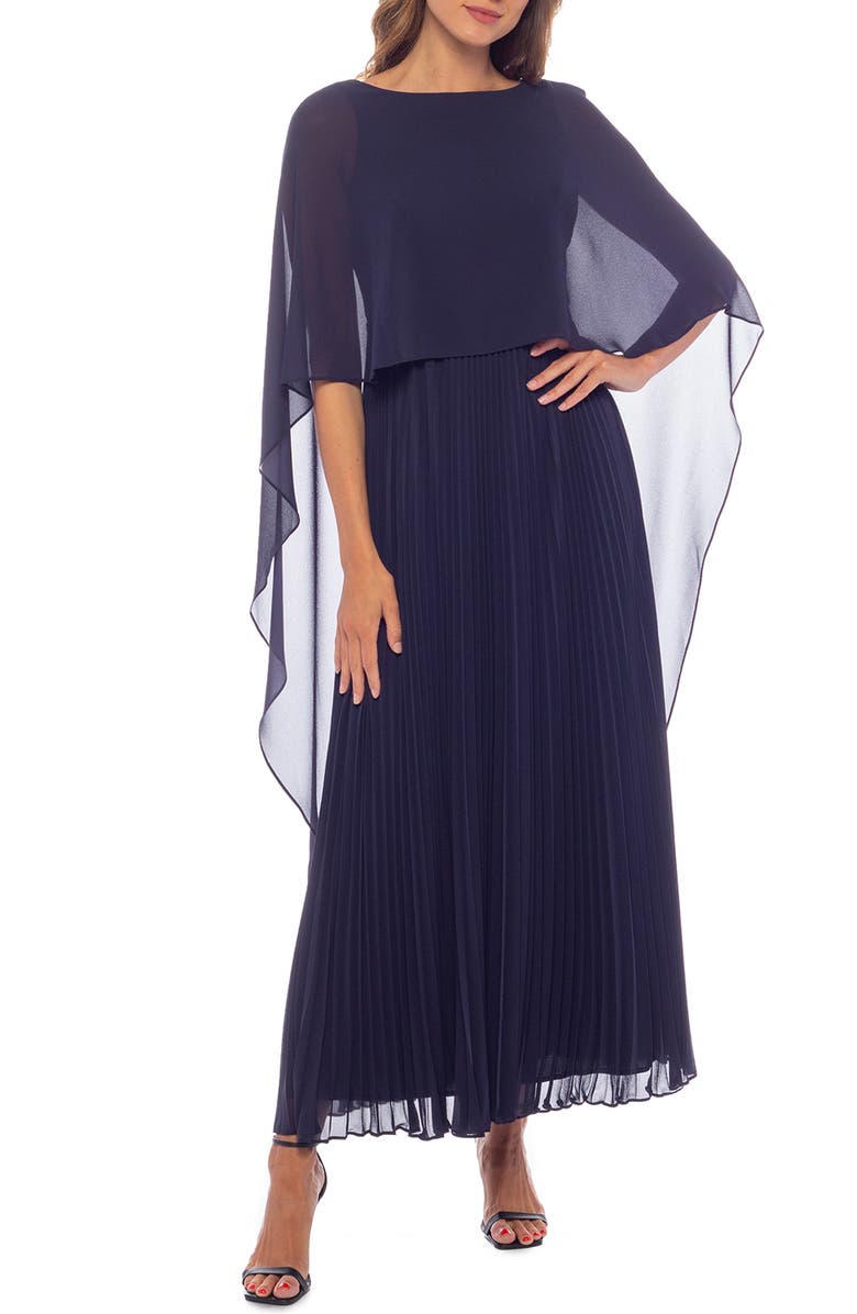 Oleg Cassini Capelet Overlay Pleated Chiffon Dress, Main, color, Navy