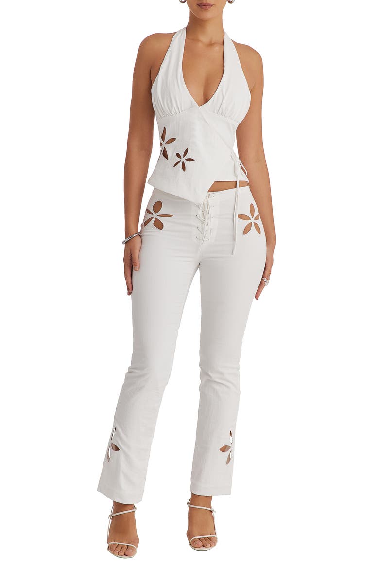 Floral Cutout Lace-Up Straight Leg Pants, Alternate, color, CLOUD