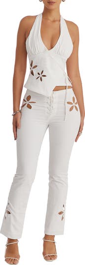 Mistress Rocks Floral Cutout Lace-Up Straight Leg Pants