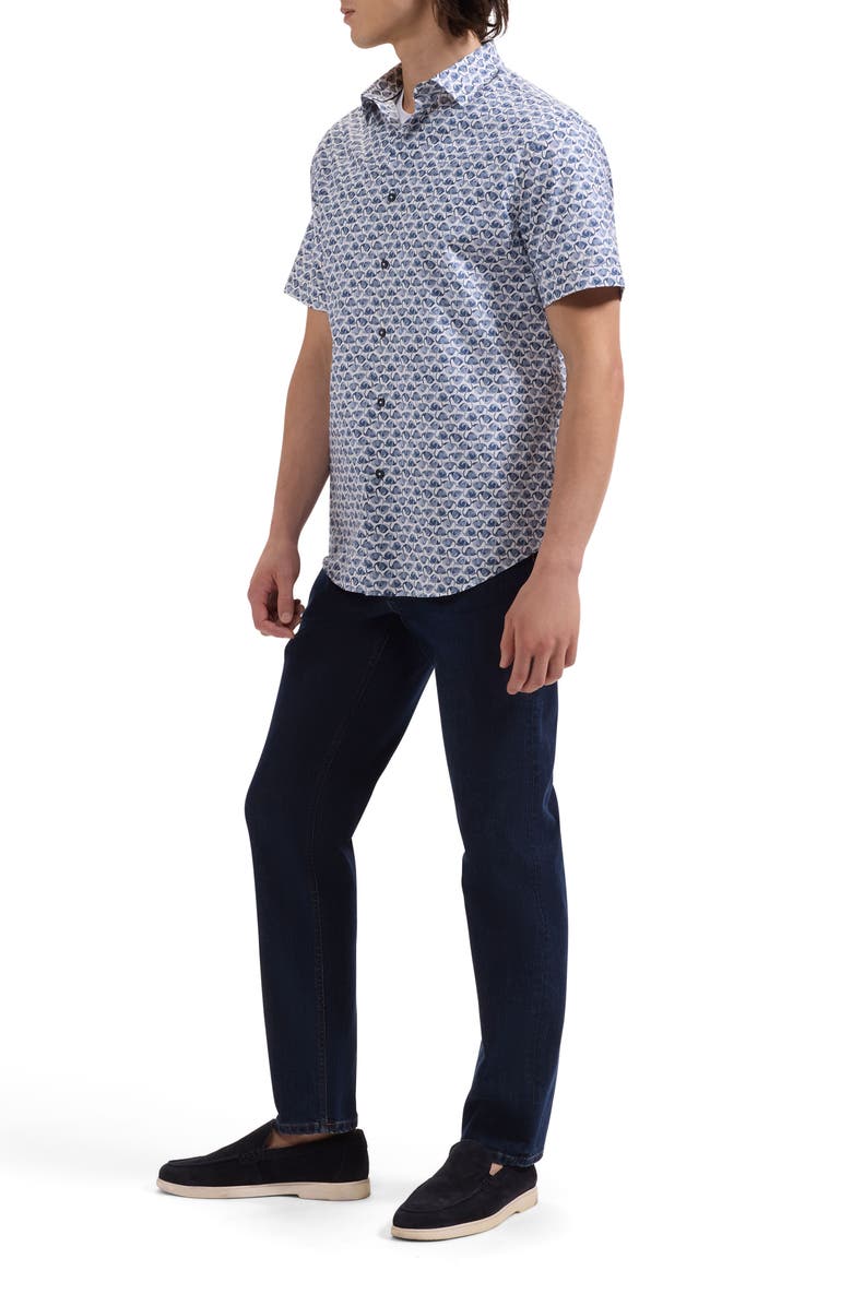 Bugatchi Orson Flamingo Print Short Sleeve Stretch Cotton Button-Up Shirt, Alternate, color, Navy