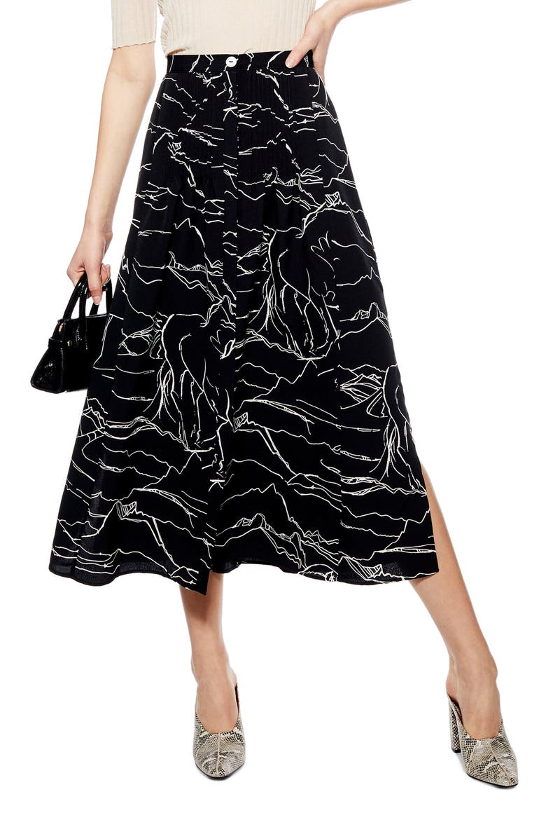 Horse Scribble Midi Skirt, Main, color, BLACK MULTI