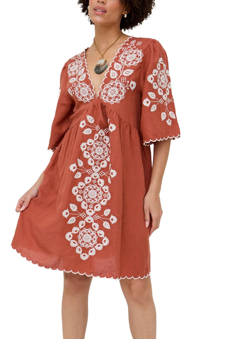 Arabella V- Neck Embroidered Mini Dress, Alternate, color, Rust