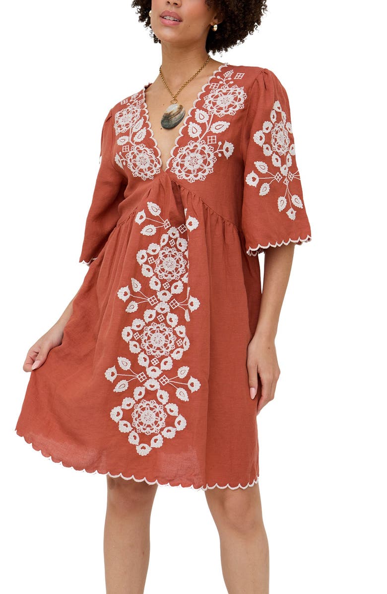 Raffya Arabella V- Neck Embroidered Mini Dress, Alternate, color, Rust