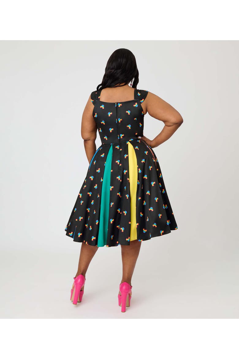 Plus Size Square Neck Sleeveless Godet Swing Dress, Alternate, color, Black Rainbow Mickey Print