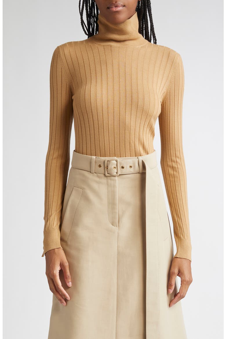 Virgin Wool & Cashmere Rib Turtleneck Sweater, Main, color, WARM BEIGE