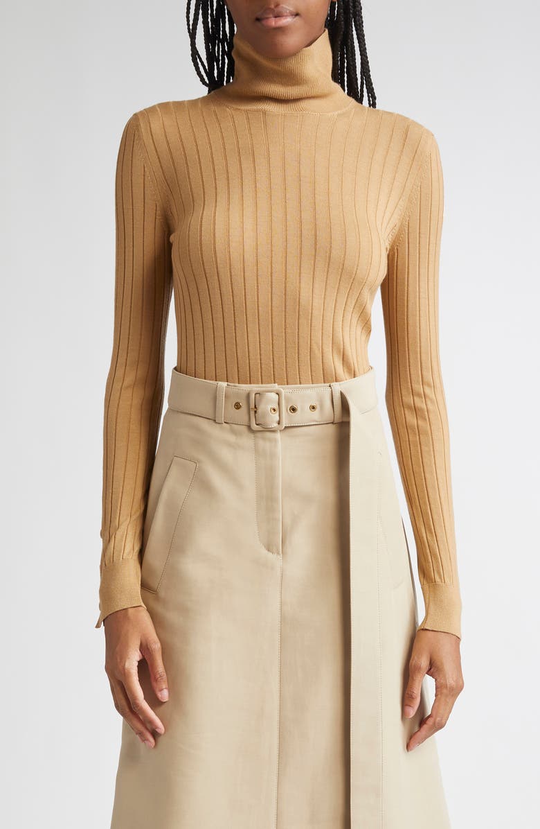Moncler Virgin Wool & Cashmere Rib Turtleneck Sweater, Main, color, Warm Beige