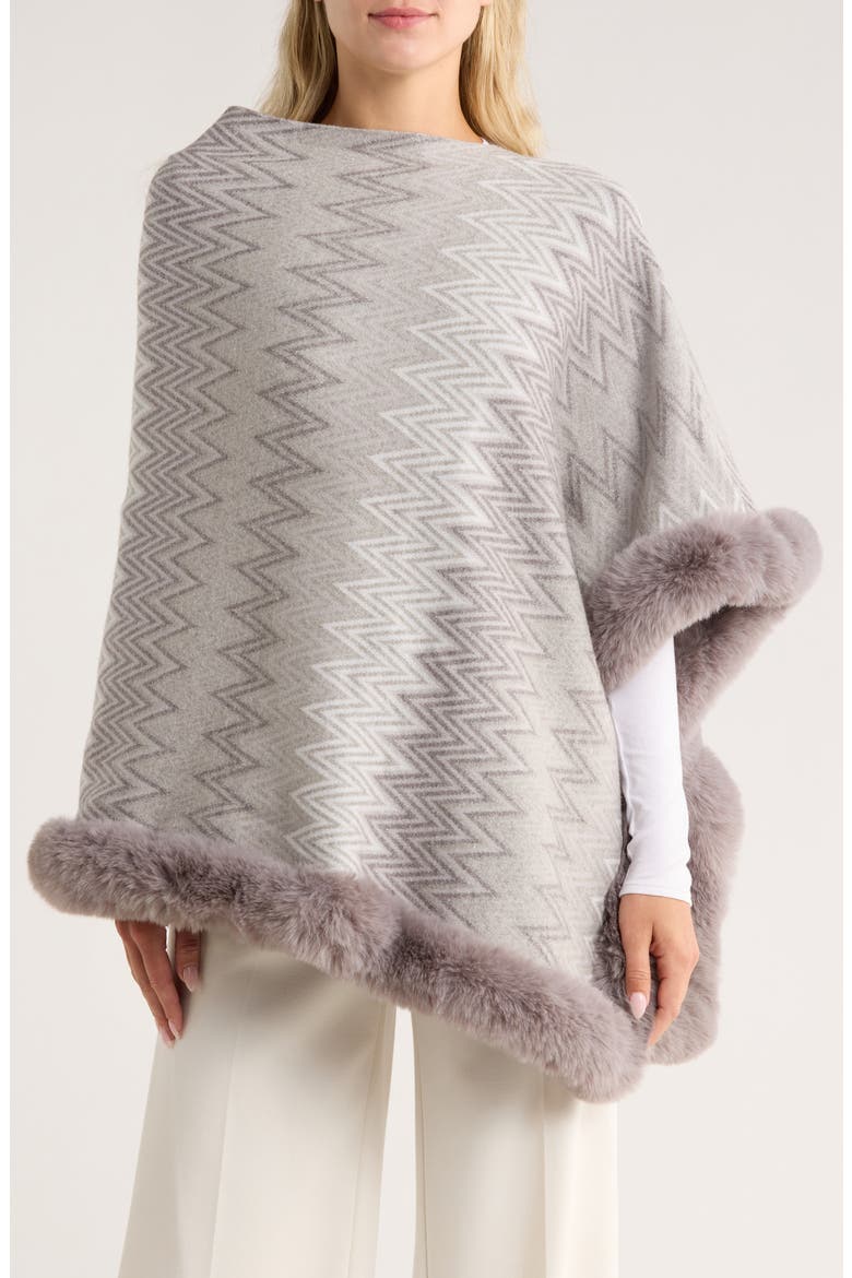 Zigzag Poncho with Faux Fur Trim, Main, color, GREY