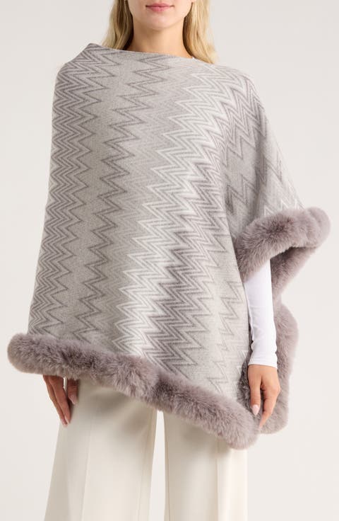 Zigzag Poncho with Faux Fur Trim
