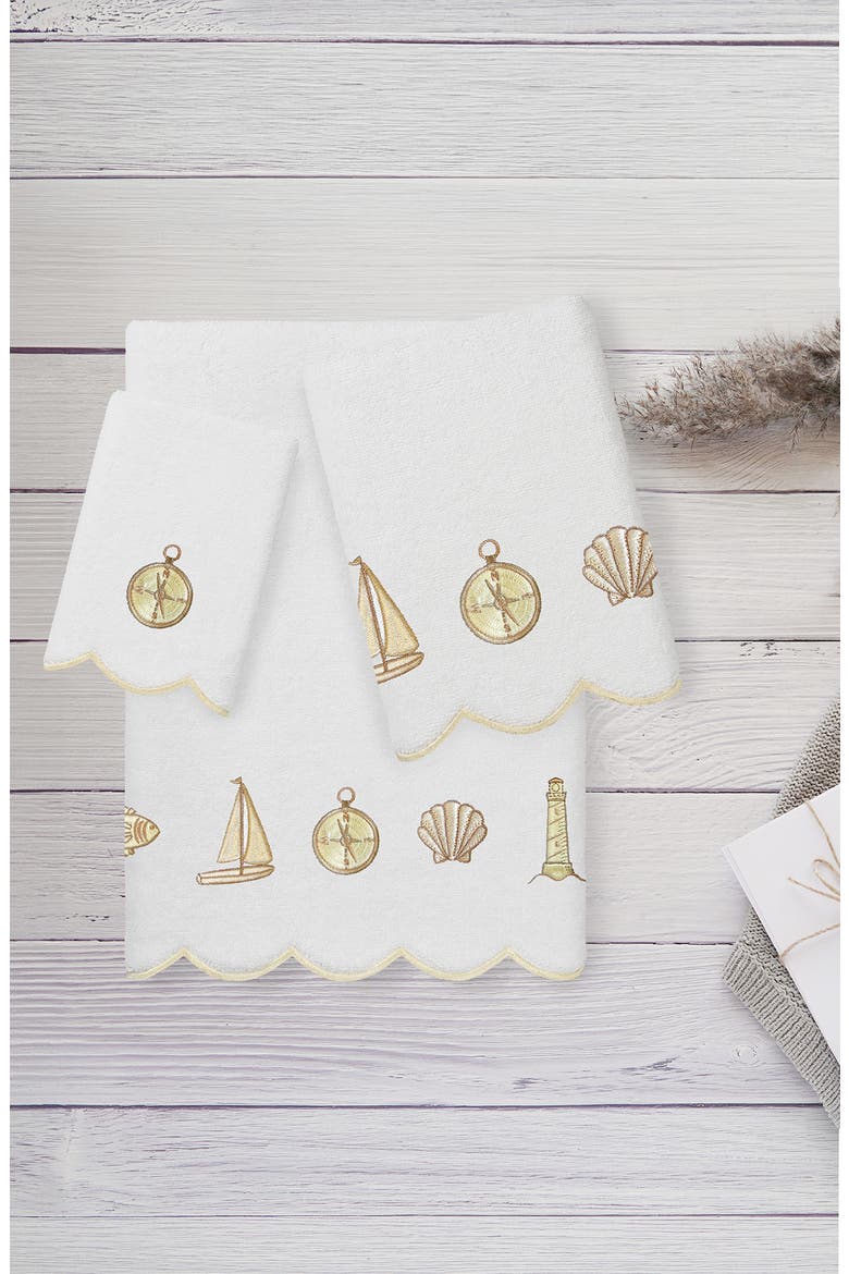 Sea Joy Scallop 3-Piece Embellished Towel Set, Alternate, color, WHITE/ BEIGE