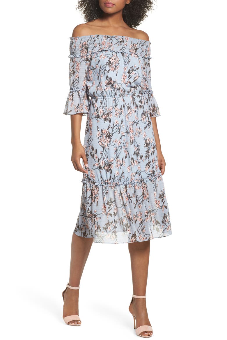 Off the Shoulder Midi Dress, Main, color, LIGHT BLUE SAKURA FLORAL