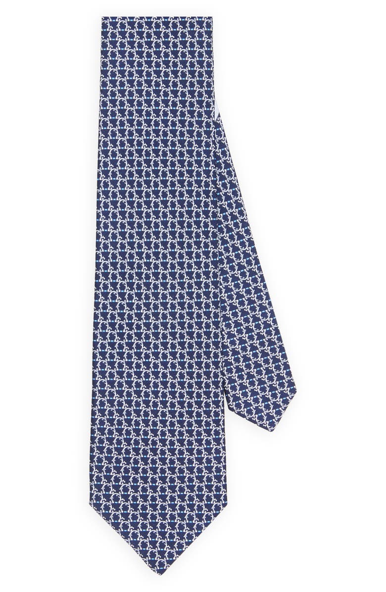 FERRAGAMO Gancini Print Silk Tie, Main, color, F.navy