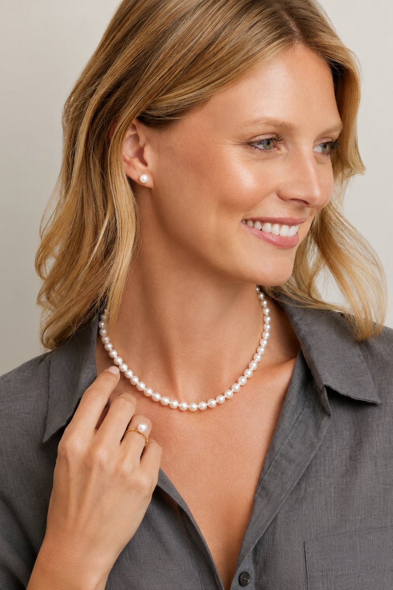 7.0-7.5mm Japanese White Akoya Pearl Necklace & Earrings, Alternate, color, White Gold