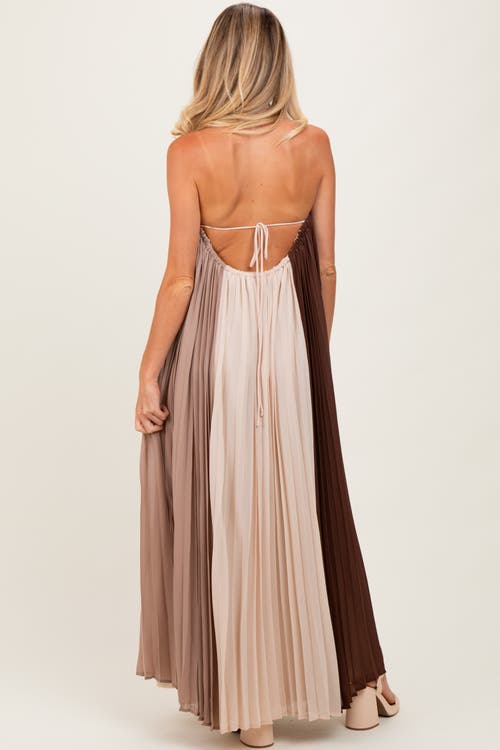 Pinkblush Colorblock Pleated Halter Neck Maxi Dress In Brown