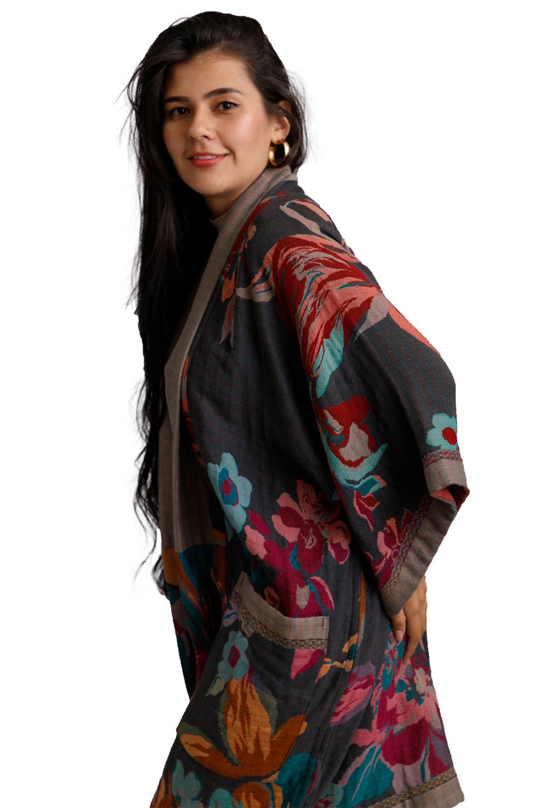 Keisha Long Floral Pattern Duster Jacket, Alternate, color, GREY/ PINK