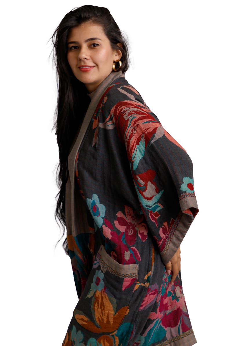 SAACHI Keisha Long Floral Pattern Duster Jacket, Alternate, color, Grey/ Pink