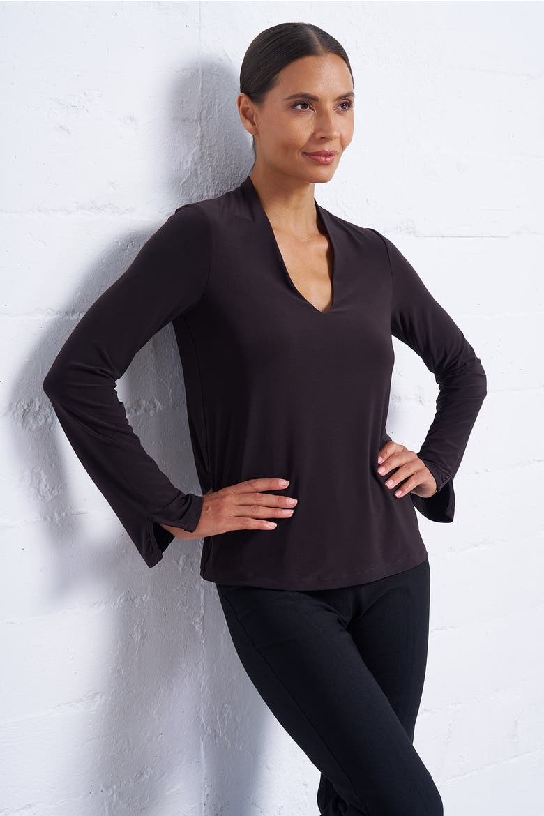 Luxe Stretch Long Sleeve V-Neck Top, Alternate, color, Espresso