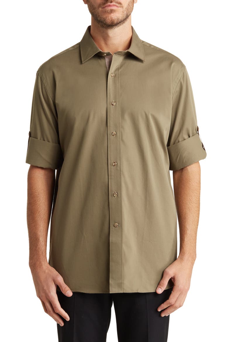Trim Fit Long Sleeve Cotton Button-Up Shirt, Main, color, OLIVE