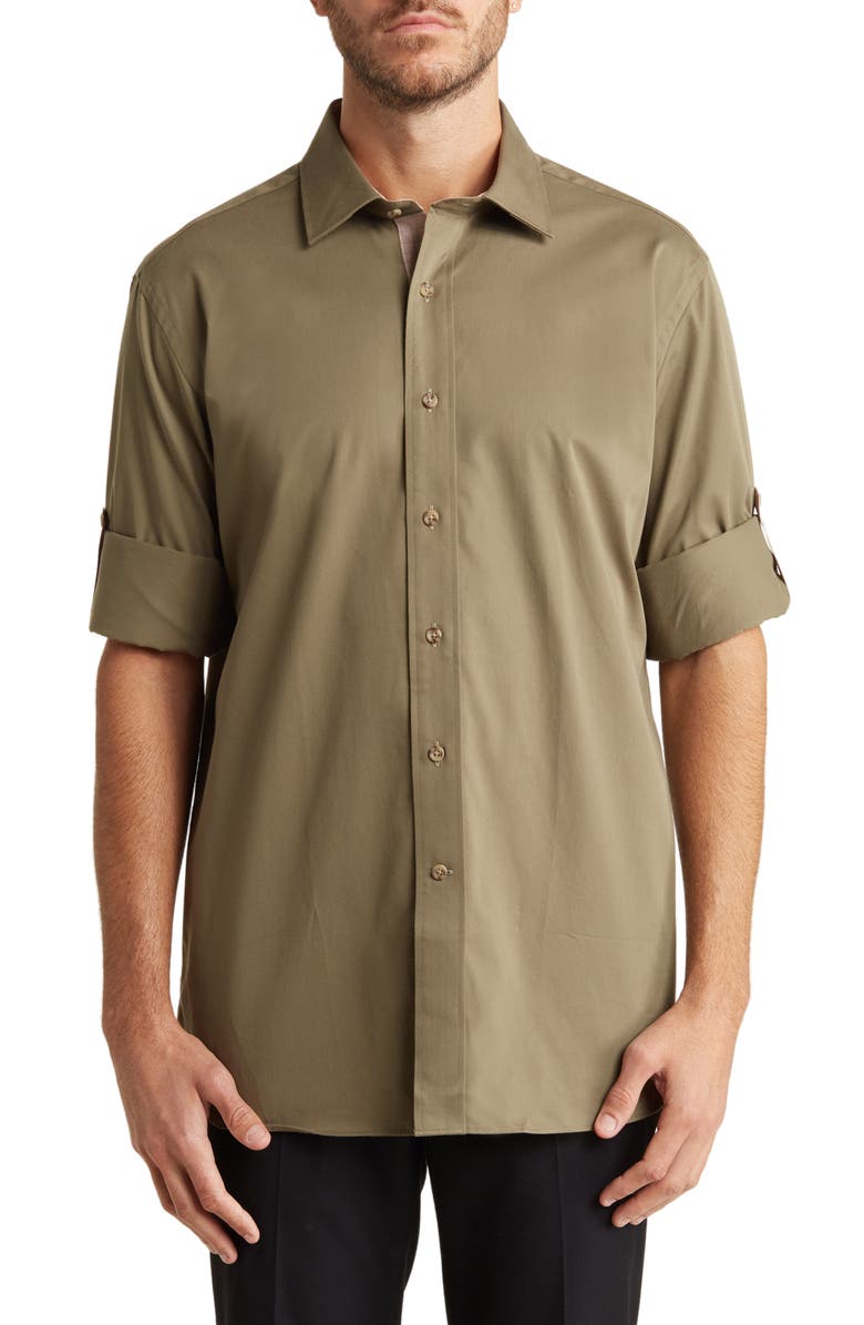 Lorenzo Uomo Trim Fit Long Sleeve Cotton Button-Up Shirt, Main, color, Olive