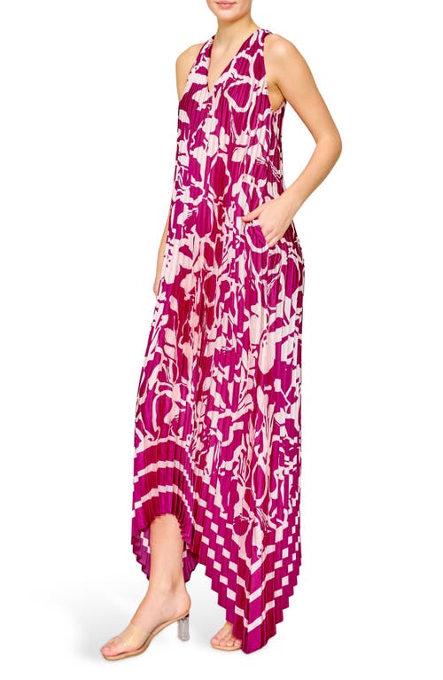 Melloday Pleated Floral Satin Maxi Dress In Magenta/ivory Print