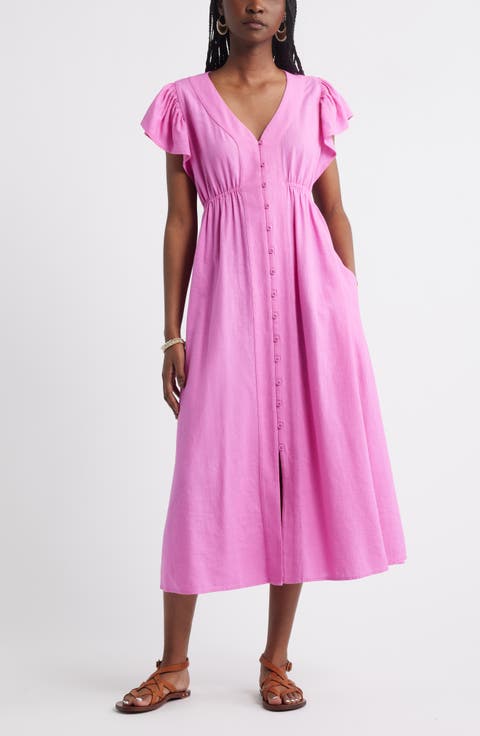 Pink Pleated Empire Puff Sleeve Midi Dress