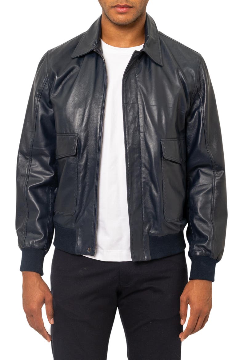 Leather Bomber Jacket, Main, color, NAVY