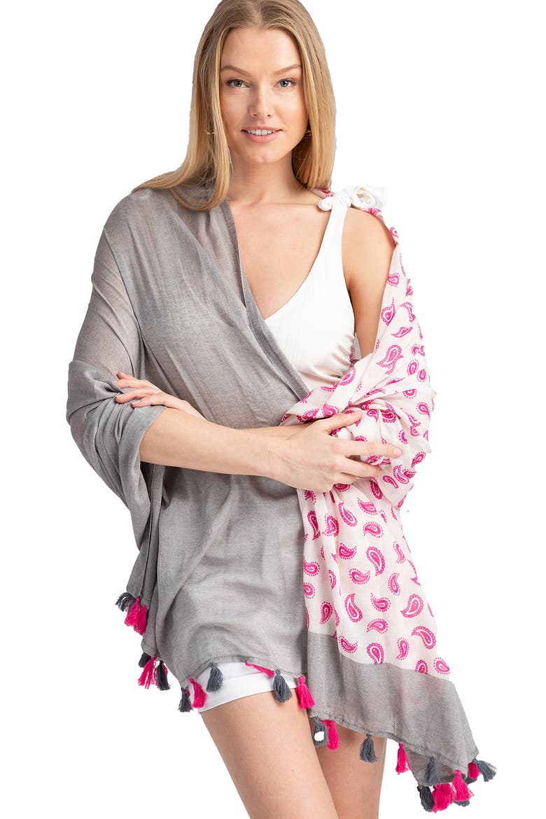 Paisley Panel Tassel Trim Scarf, Alternate, color, GREY