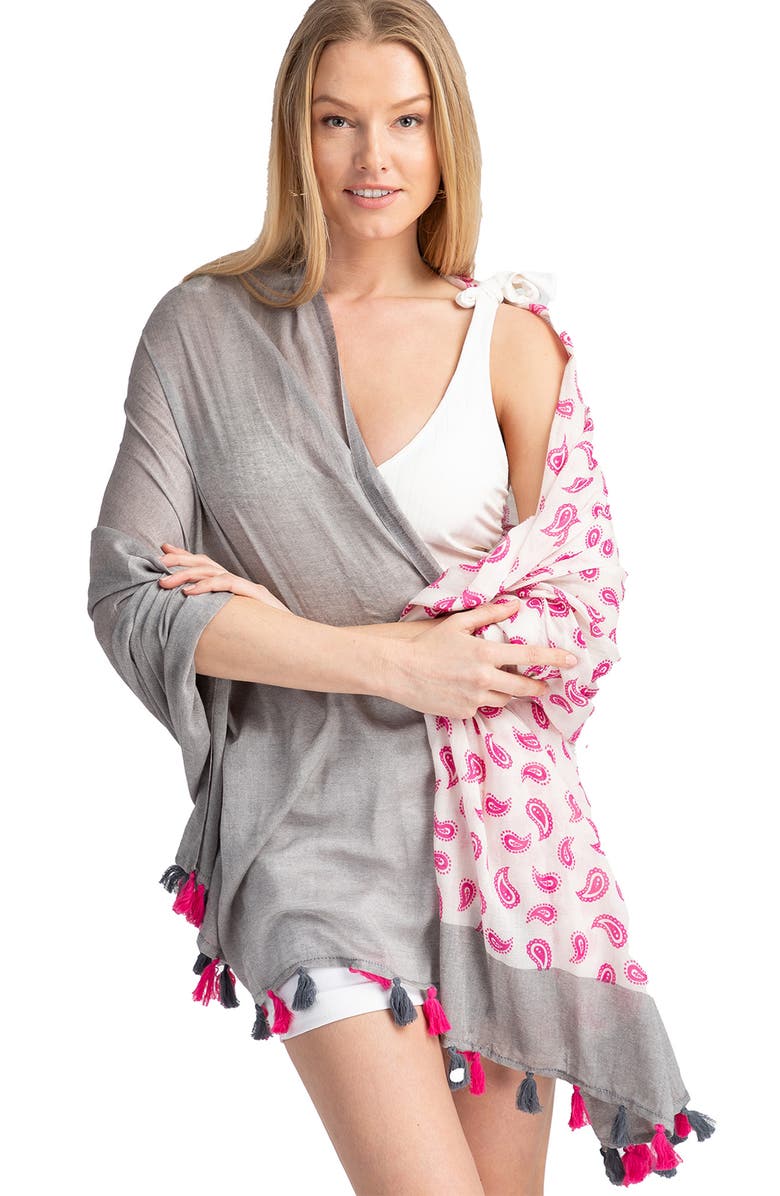 SAACHI Paisley Panel Tassel Trim Scarf, Alternate, color, Grey