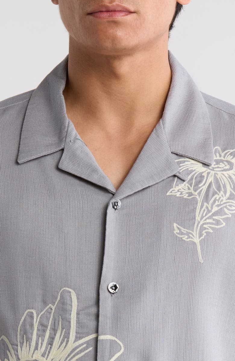 PacSun Weave Floral Embroidered Camp Shirt, Alternate, color, Grey Blue