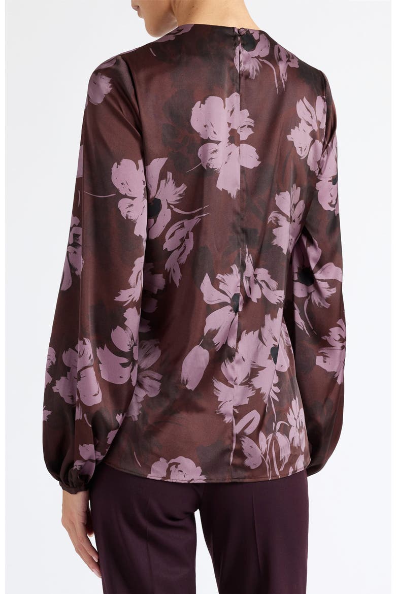 Elena Long Sleeve Twist Neck Blouse in Floral Twill Crepe, Alternate, color, RAISIN