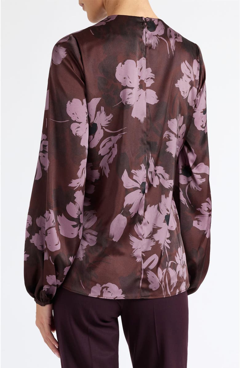 Santorelli Elena Long Sleeve Twist Neck Blouse in Floral Twill Crepe, Alternate, color, Raisin