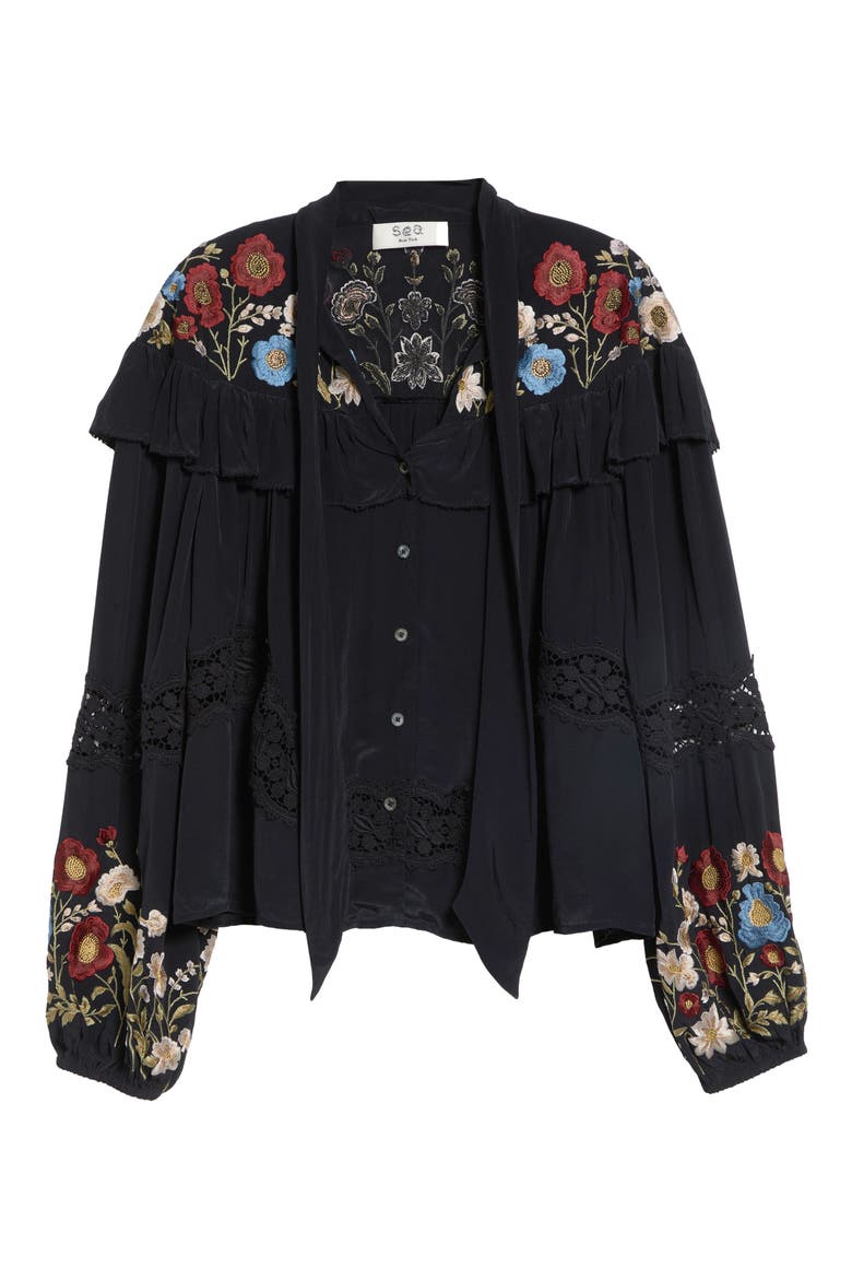 Ruwa Embroidered Tie Neck Top, Alternate, color, BLACK