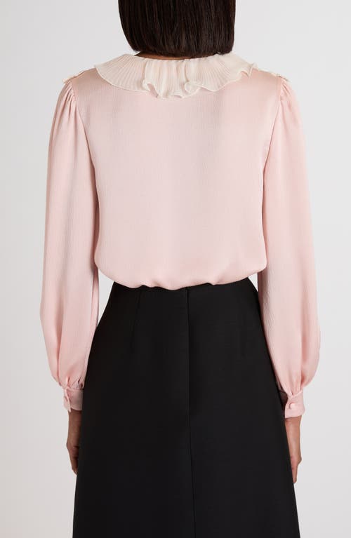 Valentino Ruffle V-neck Lace Trim Silk Shirt In Pink