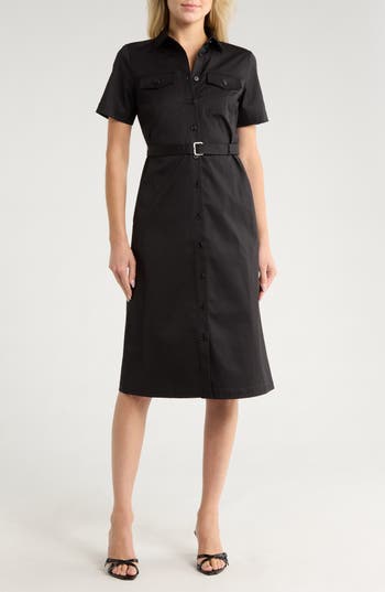 Theory Womens Black Military Short-sleeve Cotton-blend Stretch-twill Midi Dress In Black