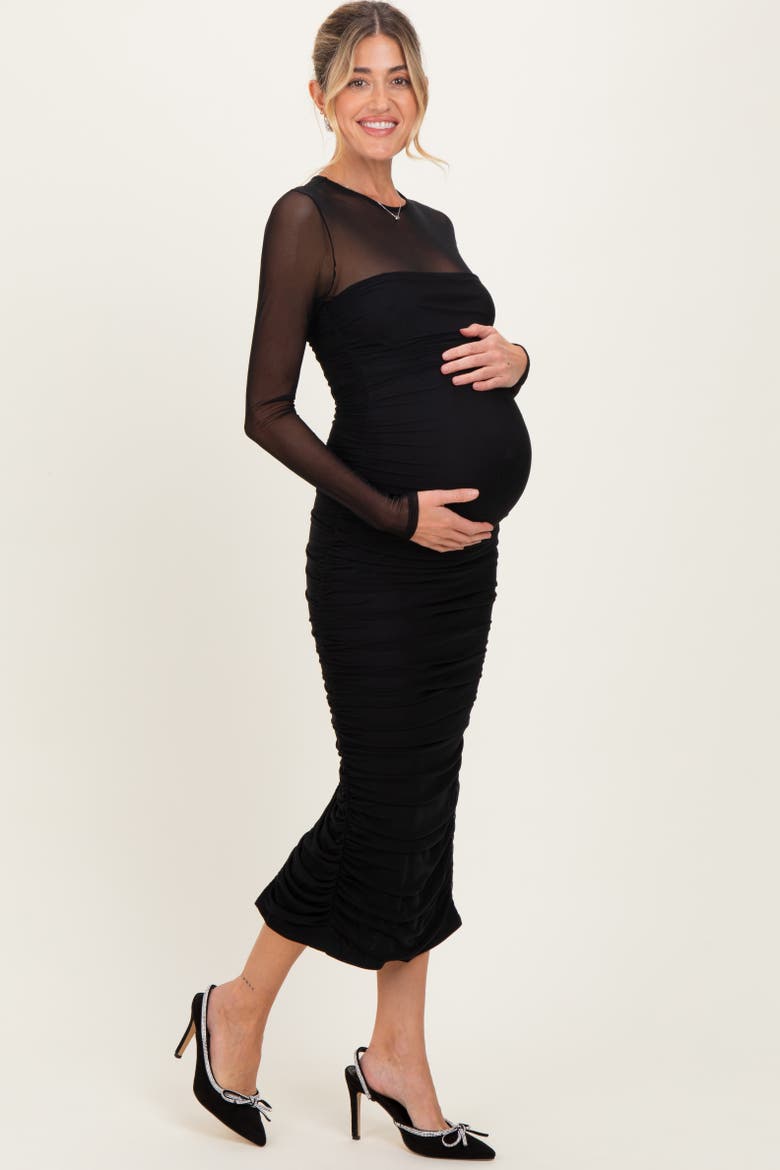 Mesh Ruched Long Sleeve Midi Dress, Alternate, color, Black