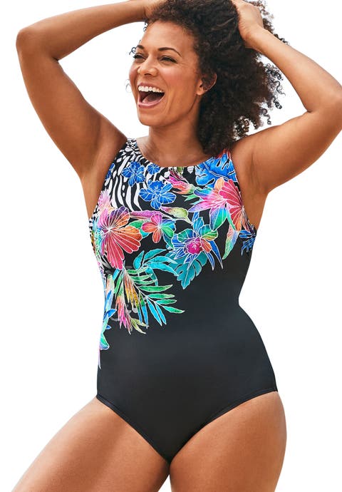 Chlorine Resistant High Neck Tummy Control One Piece Swimsuit
