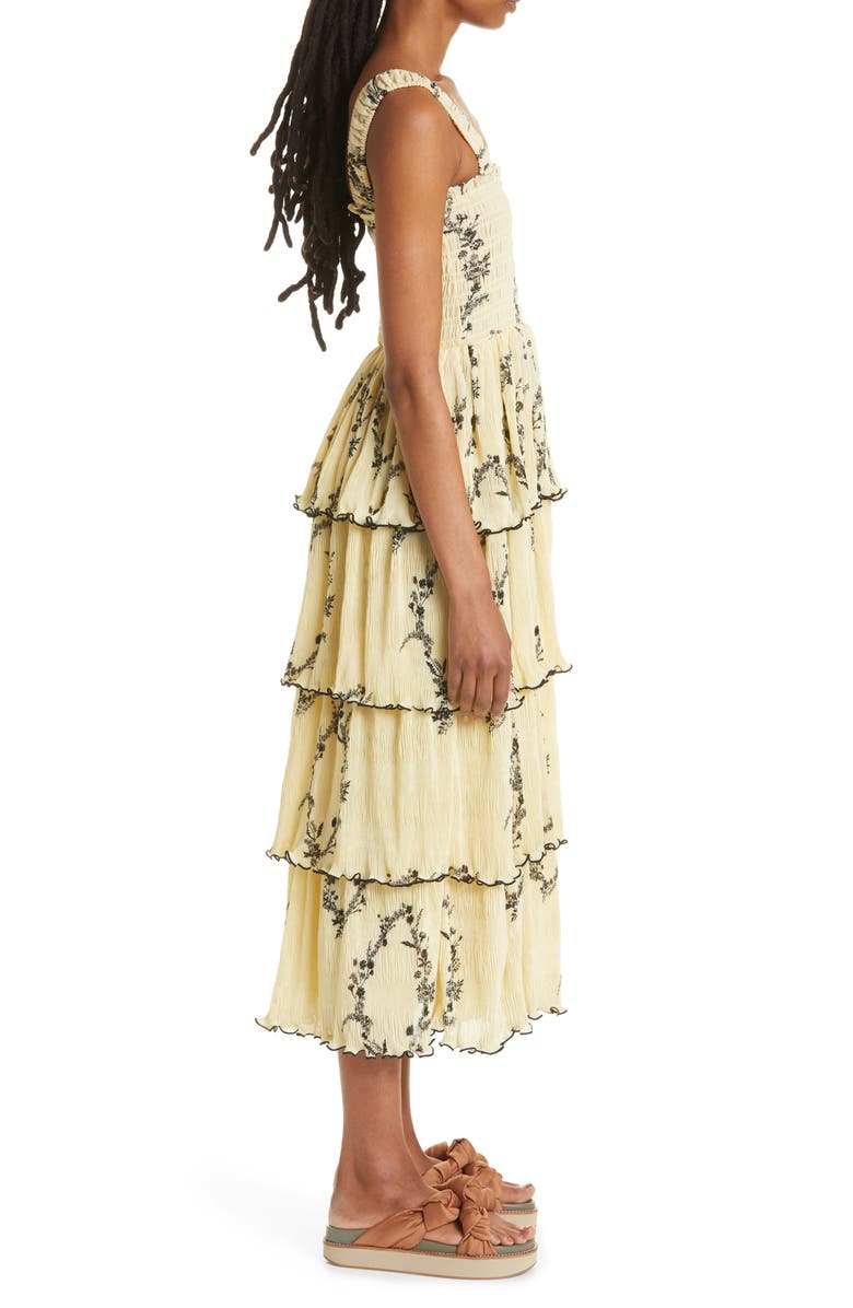 Ganni Smocked Tiered Georgette Dress, Alternate, color,