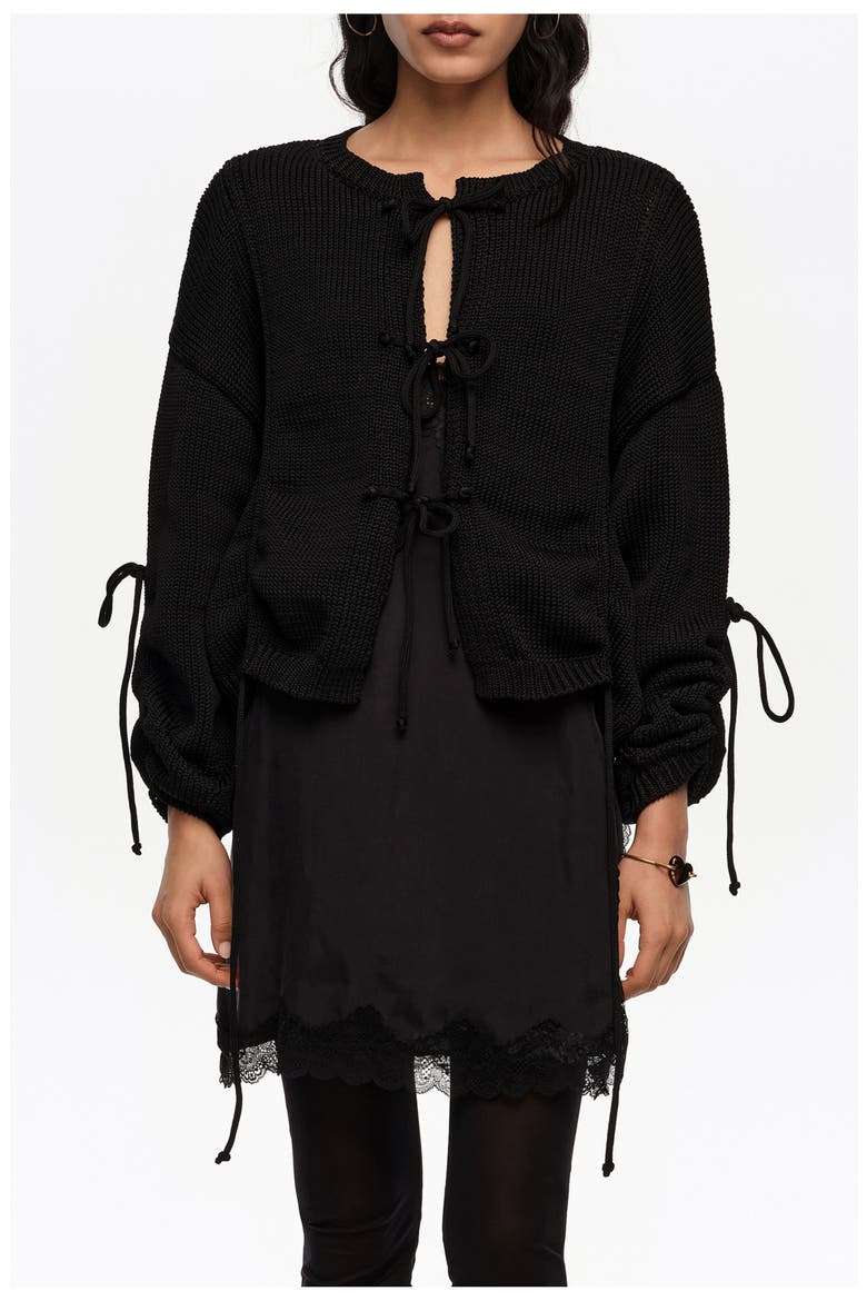 Ruched Tie Cardigan, Main, color, BLACK