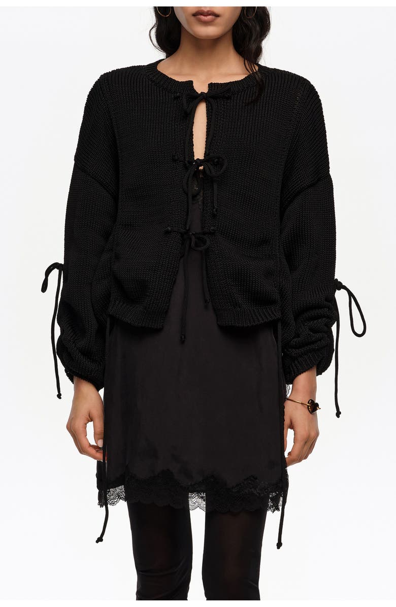 Bimba y Lola Ruched Tie Cardigan, Main, color, Black