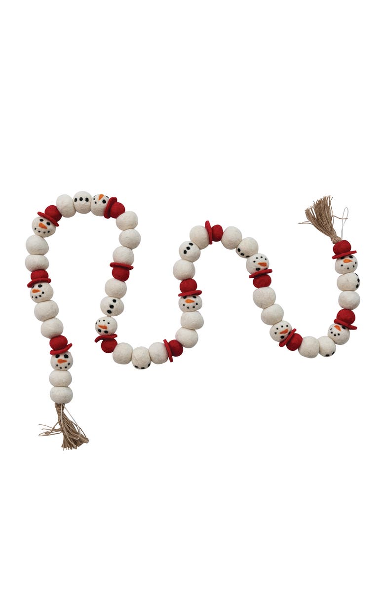 Storied Home Handmade Wool Felt Snowman Garland with Jute Tassels, Multicolor, Main, color, White