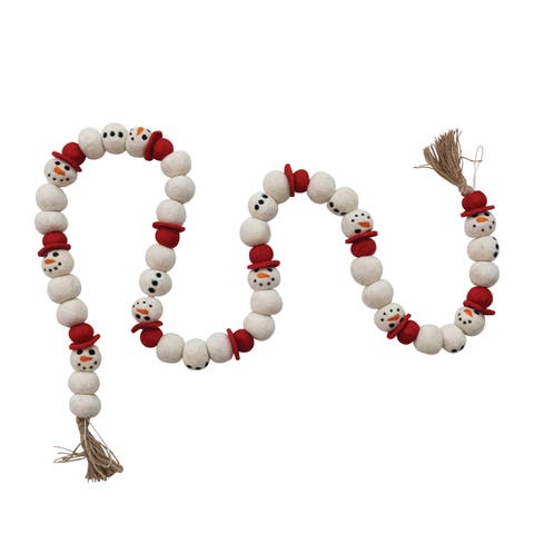 Handmade Wool Felt Snowman Garland with Jute Tassels, Multicolor