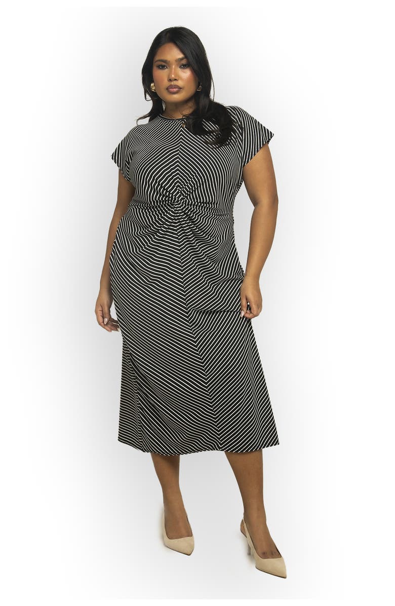 FASHION-SZN CURVE Cinched Striped Print Midi Dress, Main, color, Black