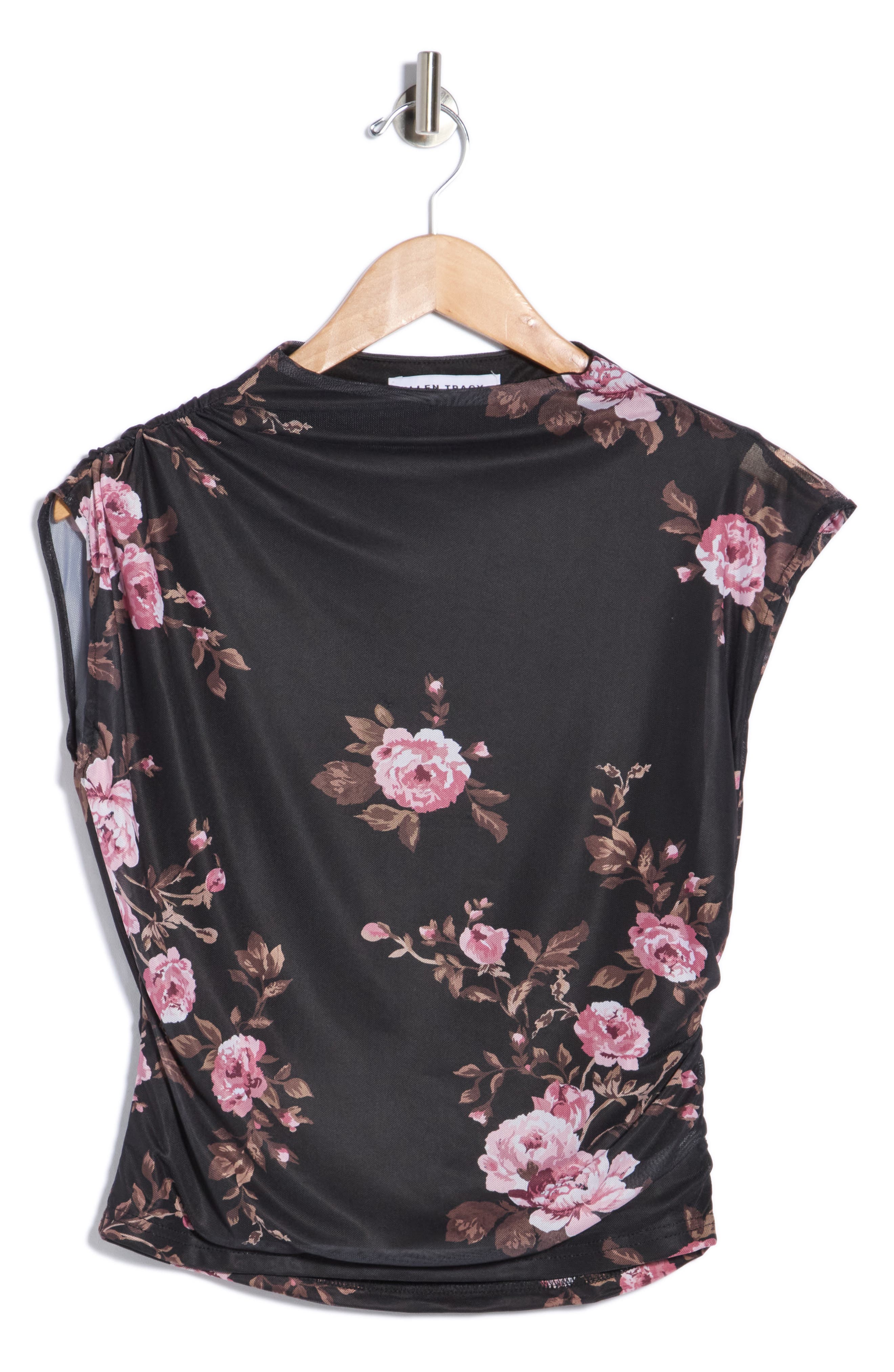 Shirred Mesh Mock Neck Top