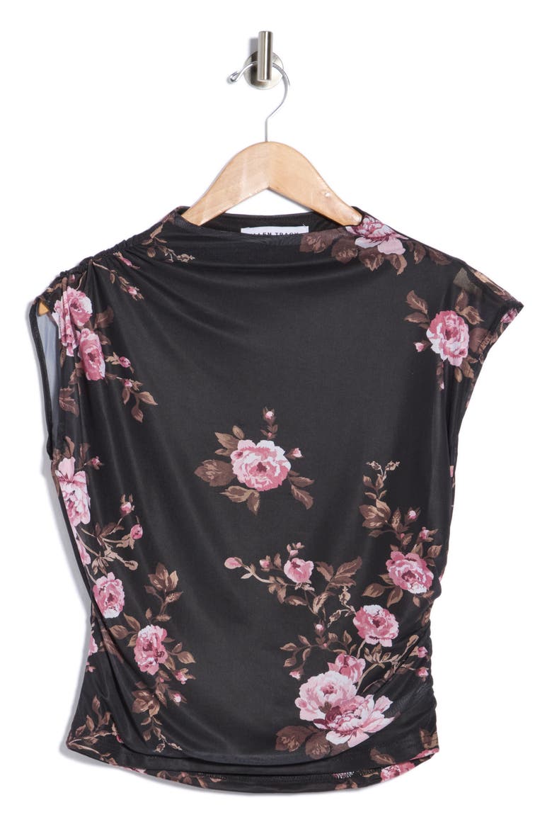 Shirred Mesh Mock Neck Top, Main, color, BLACK PEONIE