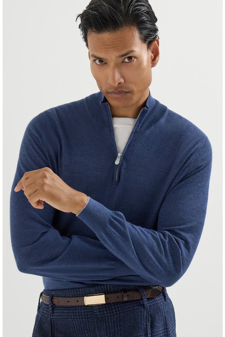 Cashmere, silk and linen lightweight sweater with half zip, Alternate, color, Light Grey