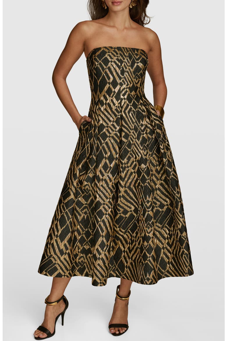 Strapless Jacquard Fit & Flare Dress, Main, color, BLACK/ SAND
