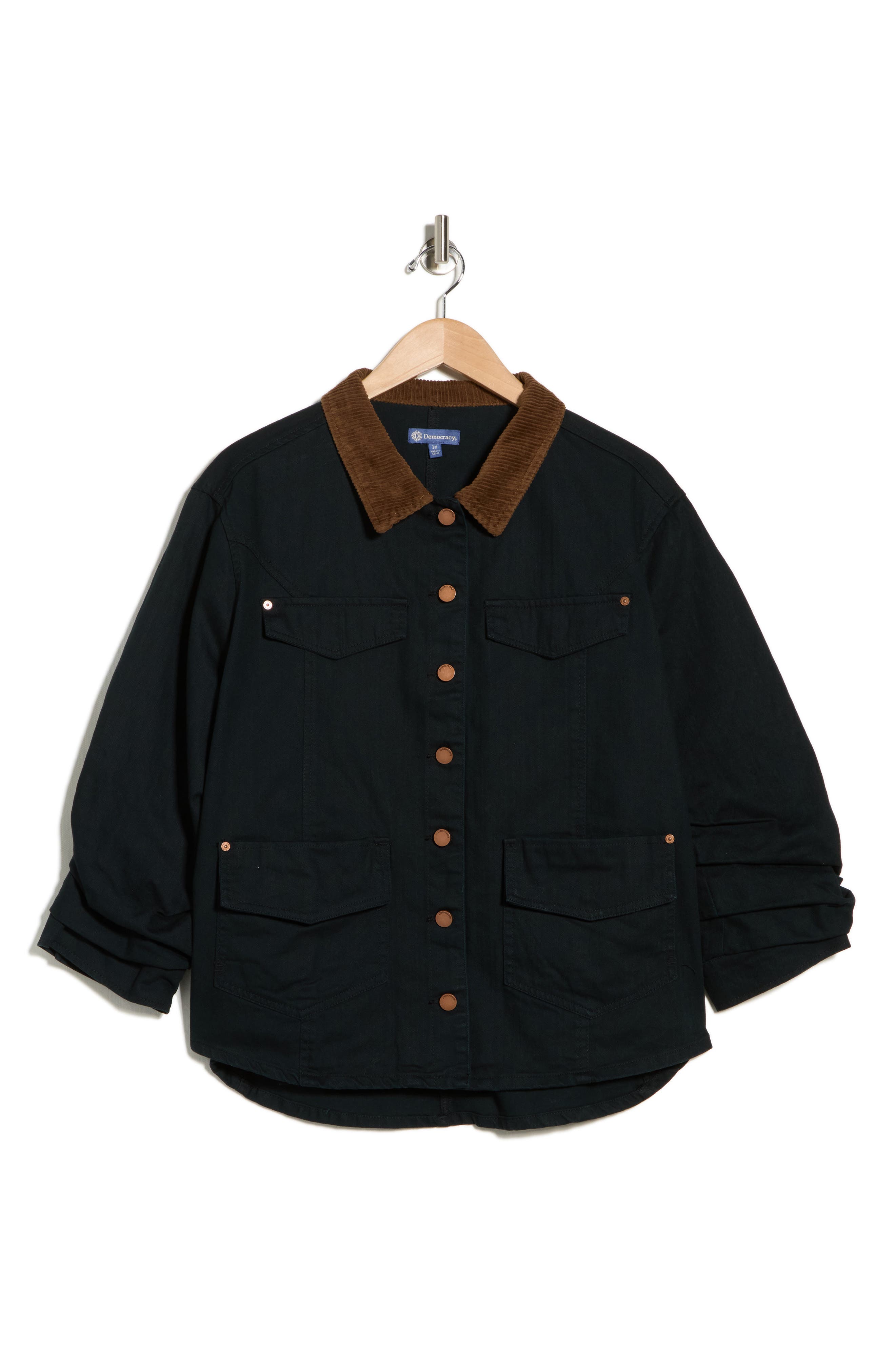 Democracy Ruched Sleeve Cotton Shirt Jacket