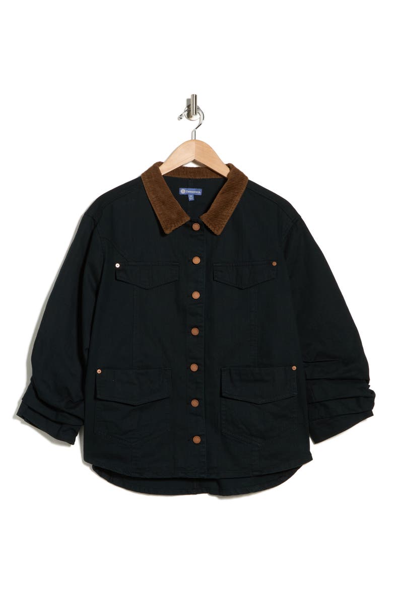 Democracy Ruched Sleeve Cotton Shirt Jacket, Main, color, Black
