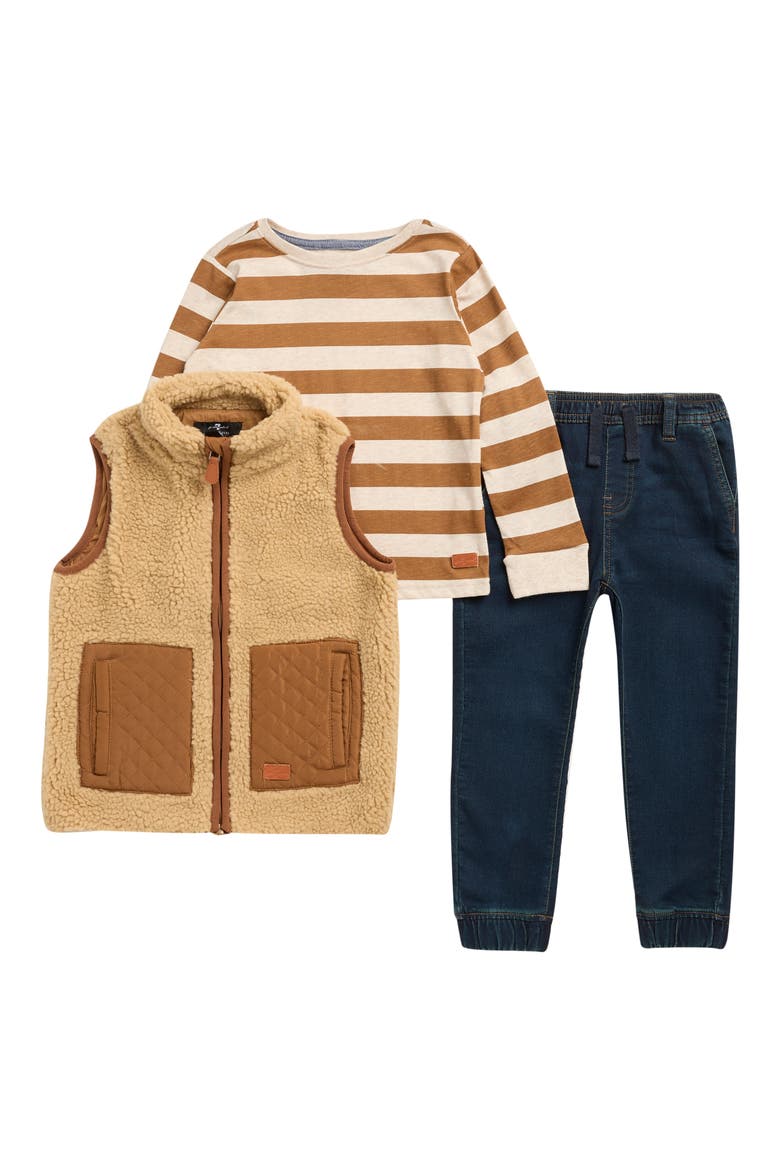 Kids' Faux Shearling Vest, Long Sleeve T-Shirt & Jeans Set, Main, color, BOURBON